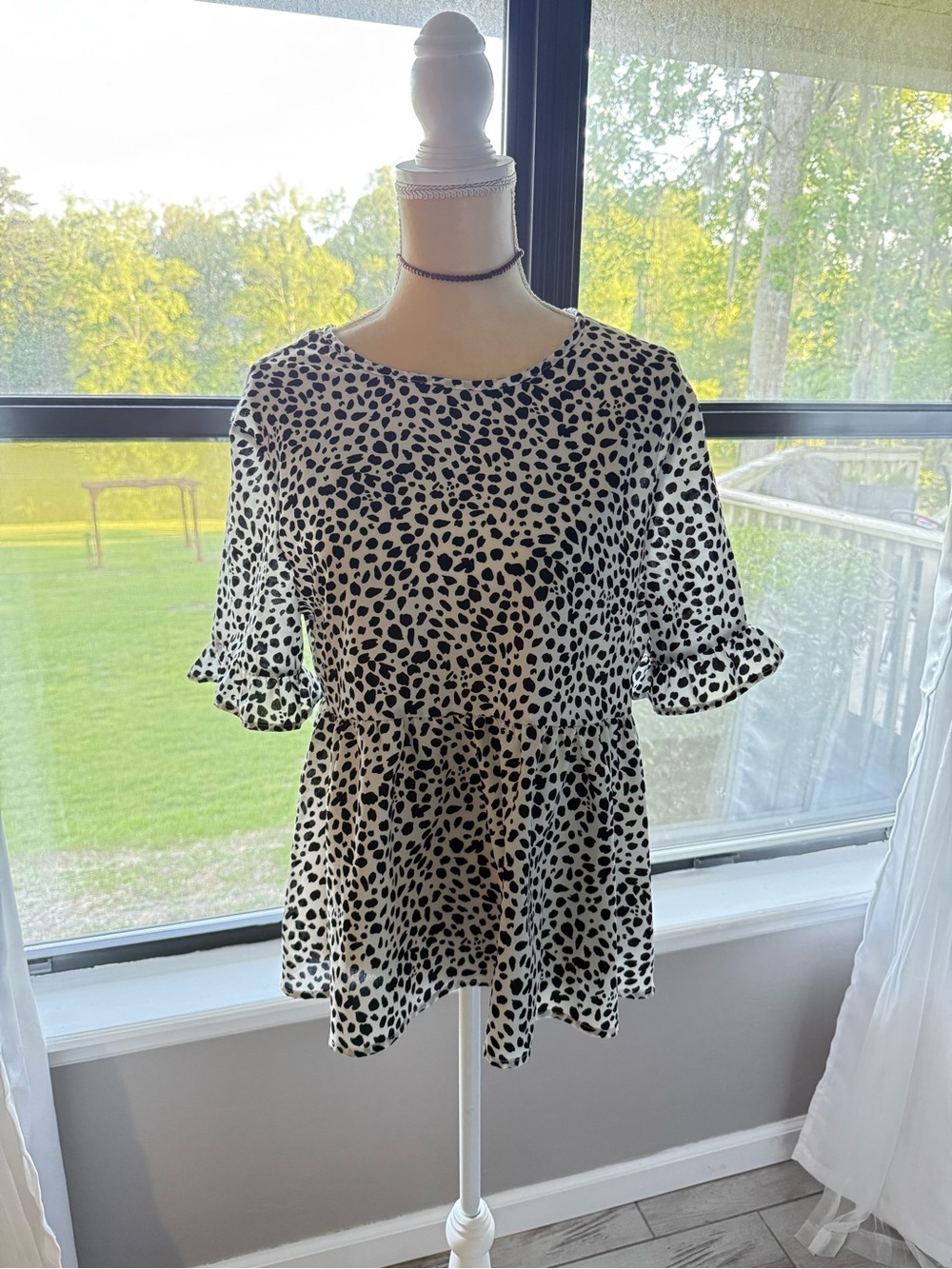 SHEIN Black and White Dalmatian Print Peplum Blouse